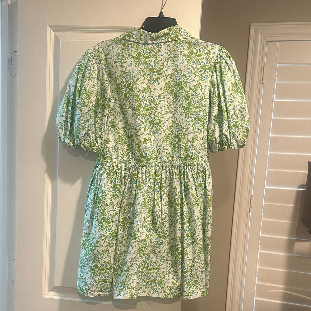 Floral Puff-Sleeve Mini Dress in Green and White - Picture 3 of 3